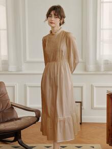 Simple Retro 褶邊荷葉邊A字連衣裙 - 棕色 - 查看 3