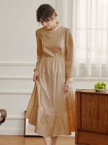 Simple Retro 褶邊荷葉邊A字連衣裙 - 棕色 - 查看 6