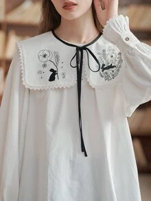 Simple Retro Floral Embroidery Statement Collar Flounce Sleeve Blouse - White - View 4