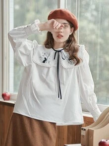 Simple Retro Floral Embroidery Statement Collar Flounce Sleeve Blouse - White - View 5