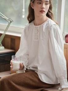 Simple Retro Floral Embroidery Statement Collar Flounce Sleeve Blouse - White - View 6