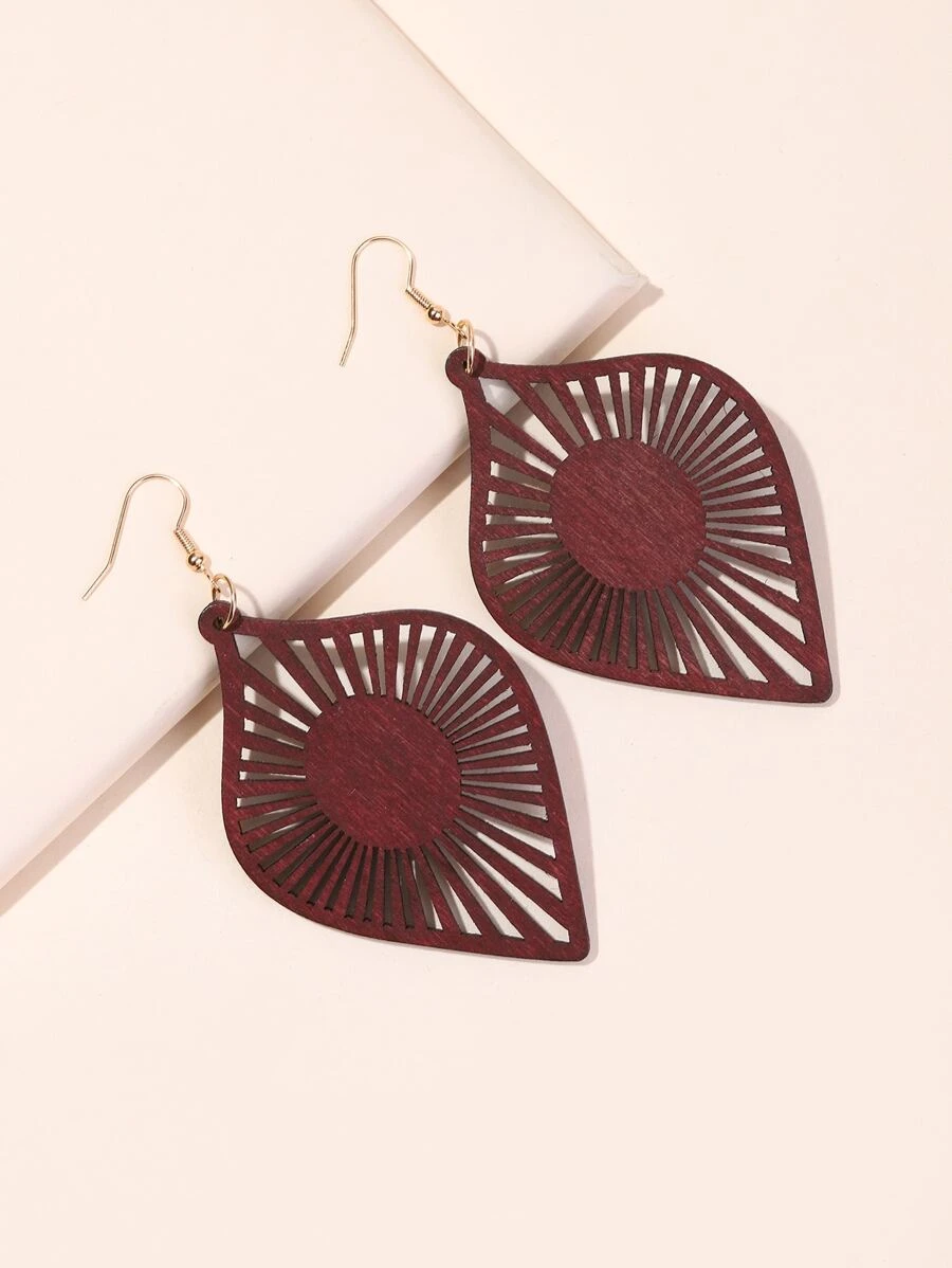 Hollow Out Leaf Decor Drop Earrings - Burgundy - View 1