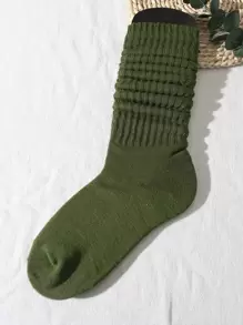 1pair Women's Spring/Summer Korean Style Pile Socks, Versatile Long Tube Socks For Academy/Lolita/Sport, Solid Color (Sock Board Not Included), Fall Socks - Army Green - View 3