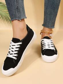 Minimalist Lace-up Front Canvas Shoes - Black - View 1