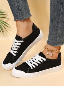 Minimalist Lace-up Front Canvas Shoes - Black - View 2