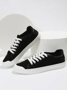 Minimalist Lace-up Front Canvas Shoes - Black - View 3