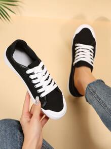 Minimalist Lace-up Front Canvas Shoes - Black - View 5