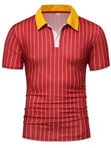 男士條紋圖案拼接領POLO衫 - 紅色 - 查看 1