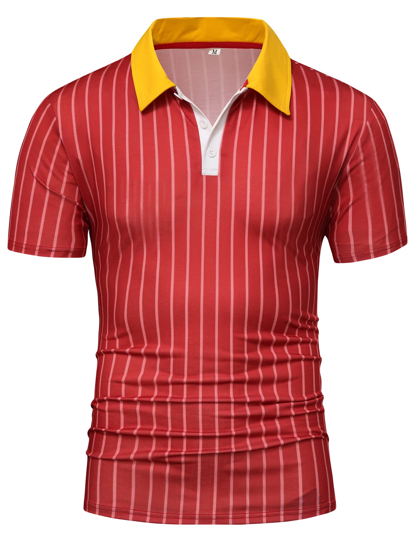 男士條紋圖案拼接領POLO衫 - 紅色 - 查看 1