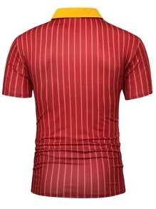 男士條紋圖案拼接領POLO衫 - 紅色 - 查看 2