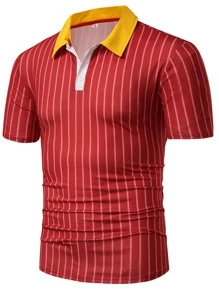 男士條紋圖案拼接領POLO衫 - 紅色 - 查看 5