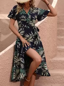 SHEIN VCAY Tropical Print Butterfly Sleeve Ruffle Trim Wrap Knot Side Dress - Navy Blue - View 1