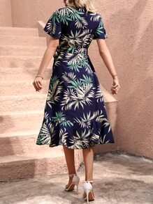SHEIN VCAY Tropical Print Butterfly Sleeve Ruffle Trim Wrap Knot Side Dress - Navy Blue - View 2