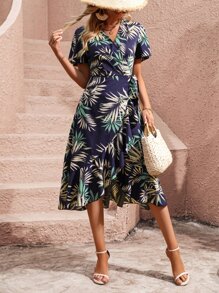 SHEIN VCAY Tropical Print Butterfly Sleeve Ruffle Trim Wrap Knot Side Dress - Navy Blue - View 6