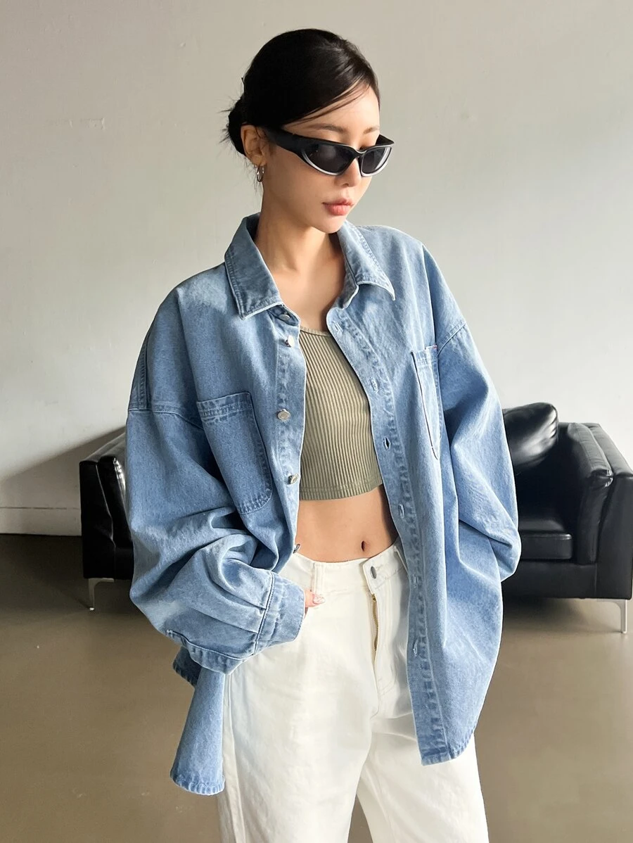 DAZY Drop Shoulder Button Front Denim Coat - Light Wash - View 1