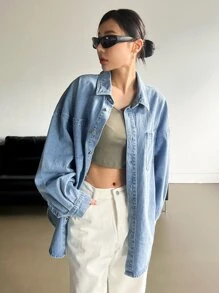 DAZY Drop Shoulder Button Front Denim Coat - Light Wash - View 2