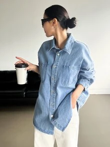 DAZY Drop Shoulder Button Front Denim Coat - Light Wash - View 3