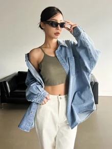 DAZY Drop Shoulder Button Front Denim Coat - Light Wash - View 5