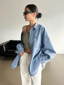 DAZY Drop Shoulder Button Front Denim Coat - Light Wash - View 6