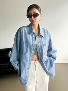 DAZY Drop Shoulder Button Front Denim Coat - Light Wash - View 7