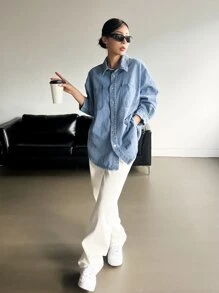 DAZY Drop Shoulder Button Front Denim Coat - Light Wash - View 8