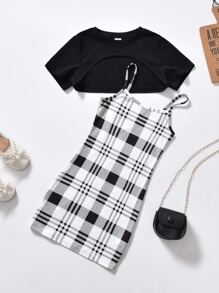 SHEIN 少女格紋印花背心裙和超短上衣