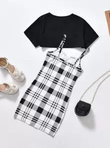 SHEIN 少女格紋印花背心裙和超短上衣