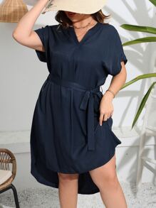 SHEIN LUNE Plus Notched Neck Dolman Sleeve High Low Hem Belted Dress - Navy Blue - View 1