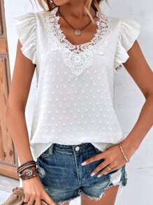 SHEIN LUNE Swiss Dot Guipure Lace Panel Butterfly Sleeve Blouse - White - View 5