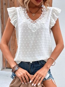 SHEIN LUNE Swiss Dot Guipure Lace Panel Butterfly Sleeve Blouse - White - View 3