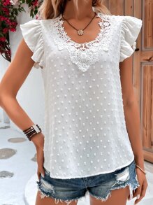 SHEIN LUNE Swiss Dot Guipure Lace Panel Butterfly Sleeve Blouse - White - View 4