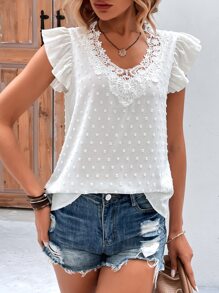 SHEIN LUNE Swiss Dot Guipure Lace Panel Butterfly Sleeve Blouse - White - View 6