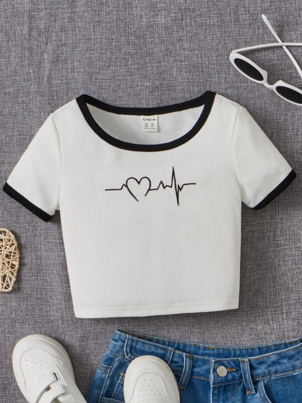 SHEIN Tween Girl Short Knit Shirt With Heart Print And Color Block