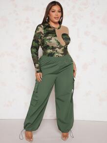 SHEIN SXY Plus Camo Print Contrast Mesh Tee - Apricot - View 2