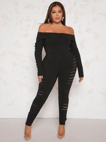 SHEIN SXY Mono unitard de hombros descubiertos desgarro - Negro - Ver 1