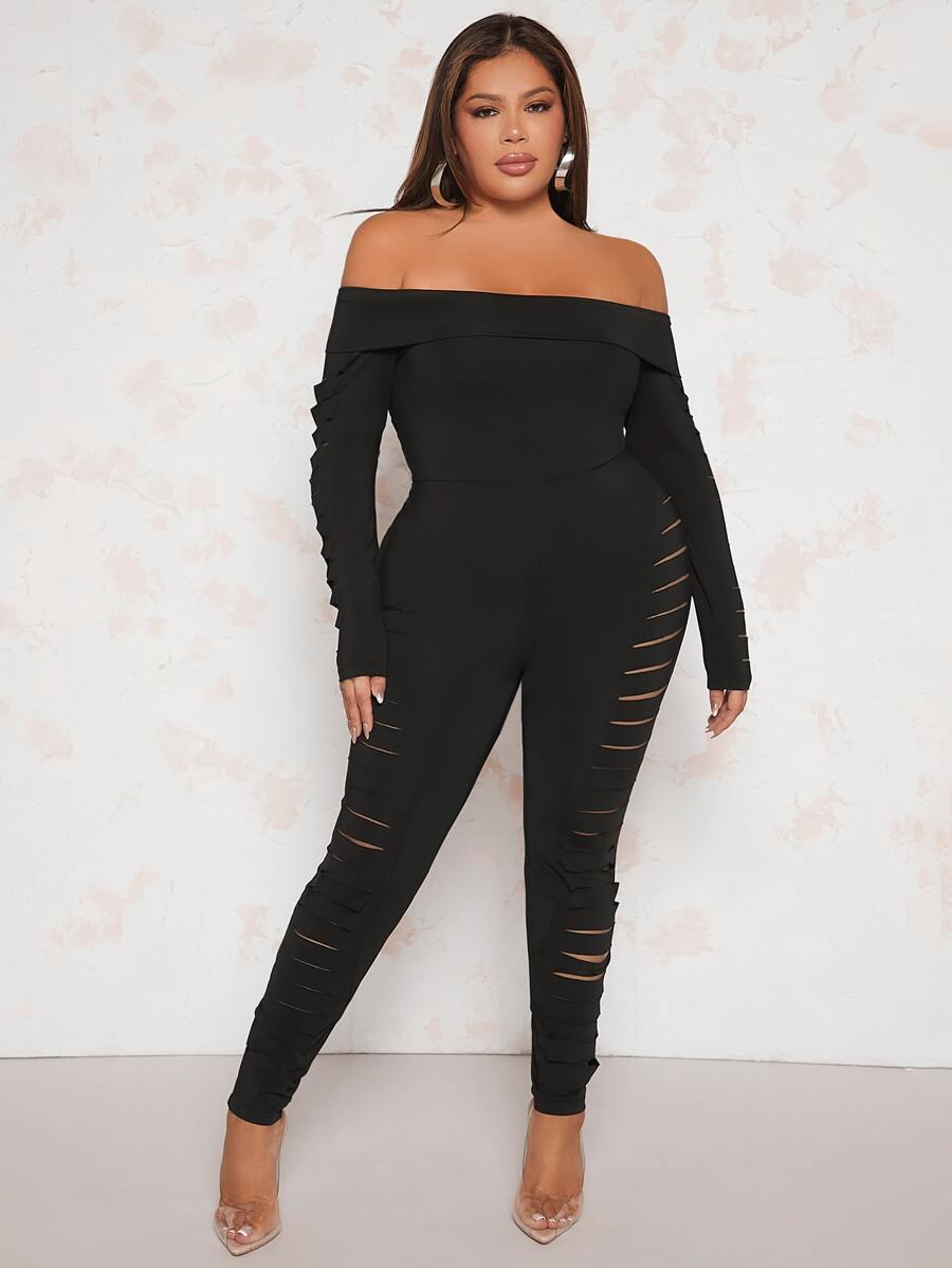 SHEIN SXY Mono unitard de hombros descubiertos desgarro - Negro - Ver 1