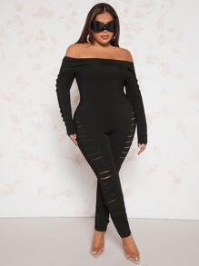 SHEIN SXY Mono unitard de hombros descubiertos desgarro - Negro - Ver 4