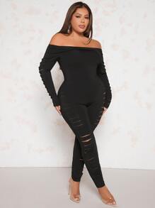SHEIN SXY Mono unitard de hombros descubiertos desgarro - Negro - Ver 5