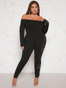 SHEIN SXY Mono unitard de hombros descubiertos desgarro - Negro - Ver 6