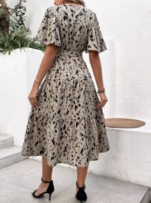 SHEIN VCAY Allover Print Butterfly Sleeve Ruffle Hem Belted Dress - Khaki - View 5