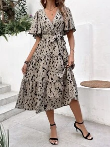 SHEIN VCAY Allover Print Butterfly Sleeve Ruffle Hem Belted Dress - Khaki - View 2
