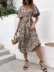 SHEIN VCAY Allover Print Butterfly Sleeve Ruffle Hem Belted Dress - Khaki - View 1