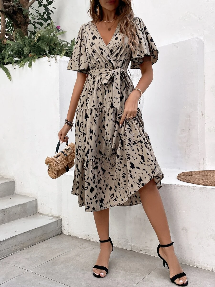 SHEIN VCAY Allover Print Butterfly Sleeve Ruffle Hem Belted Dress - Khaki - View 1