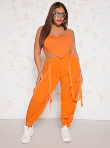 SHEIN SXY Plus Asymmetrical Hem Tank Top & Flap Pocket Cargo Trousers - Orange - View 1