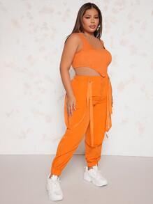 SHEIN SXY Plus Asymmetrical Hem Tank Top & Flap Pocket Cargo Trousers - Orange - View 3