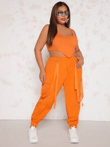 SHEIN SXY Plus Asymmetrical Hem Tank Top & Flap Pocket Cargo Trousers - Orange - View 4