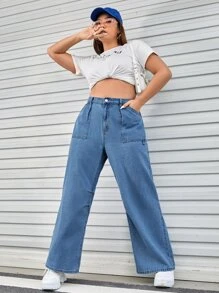 Plus Slant Pocket Straight Leg Jeans - Medium Wash - View 4