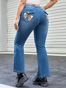 Plus Butterfly Print Flare Leg Jeans - Medium Wash - View 1