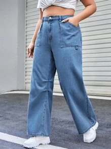 Plus Slant Pocket Straight Leg Jeans - Medium Wash - View 1