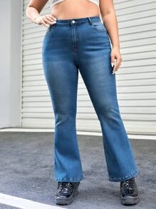 Plus Butterfly Print Flare Leg Jeans - Medium Wash - View 5